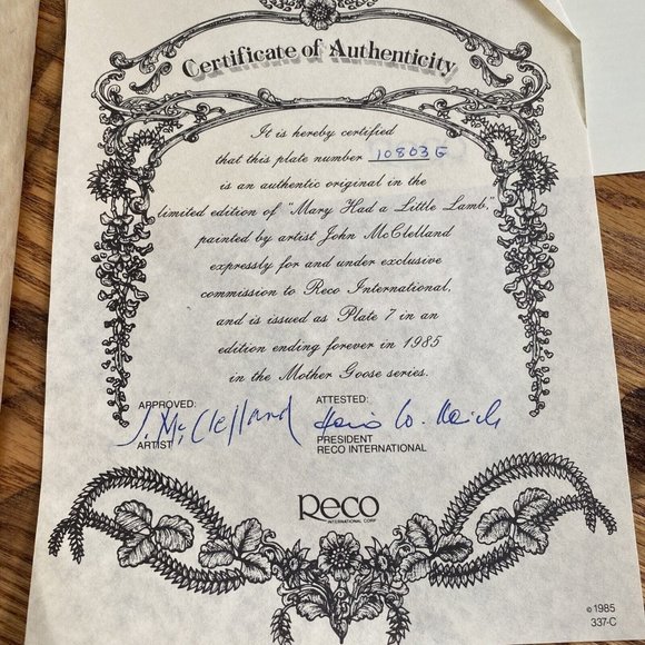 Reco Collector Plates Limited Bradford Exc. w/COA Mary Had a Little Lamb - Picture 4 of 8